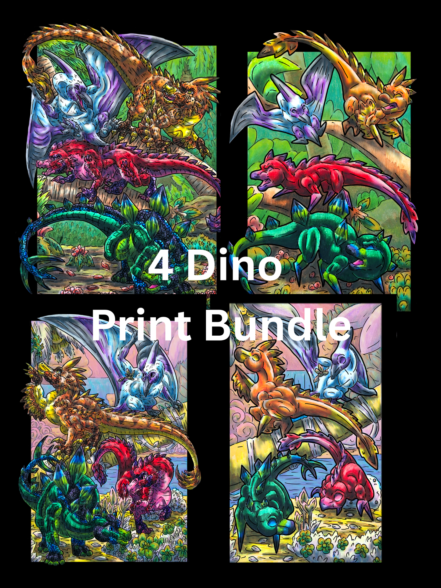 4 Dinosaur group Prints DIGITAL DOWNLOAD Colored Version