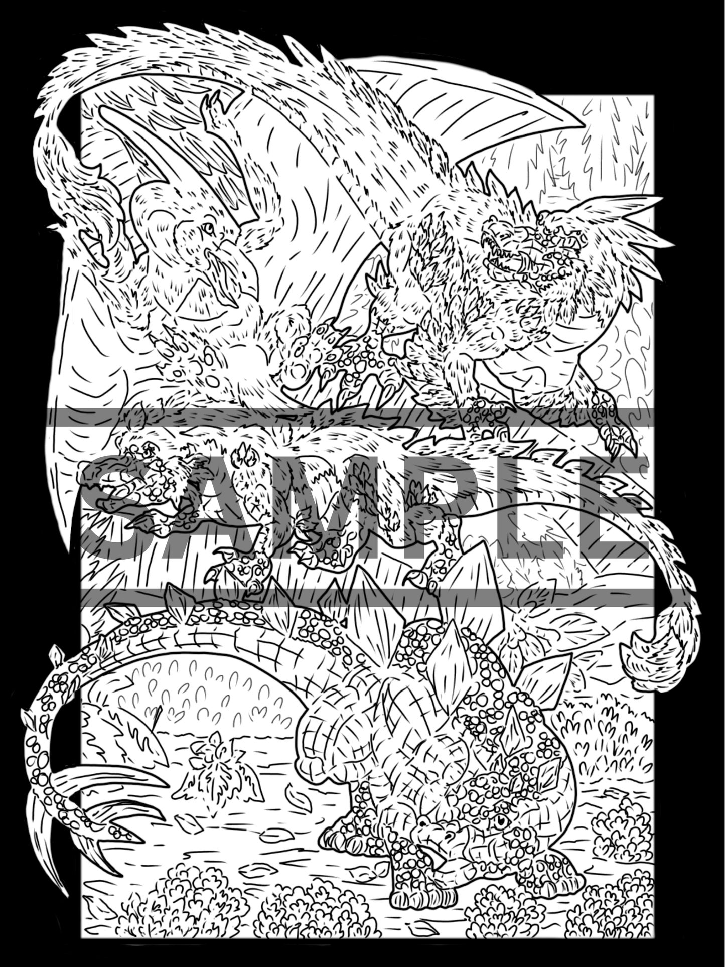 4 Dinosaur group Prints DIGITAL DOWNLOAD Line Art Version