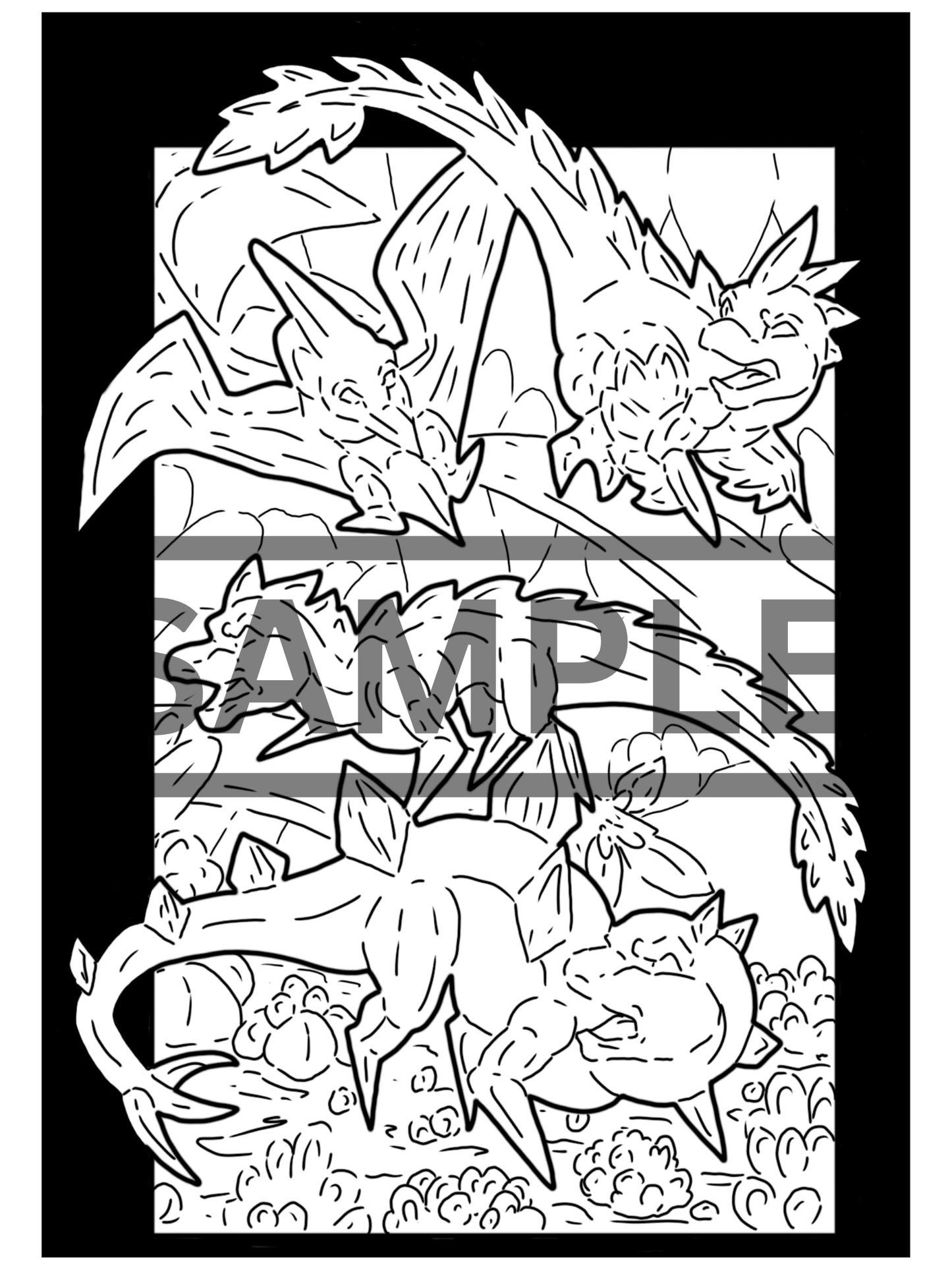 4 Dinosaur group Prints DIGITAL DOWNLOAD Line Art Version