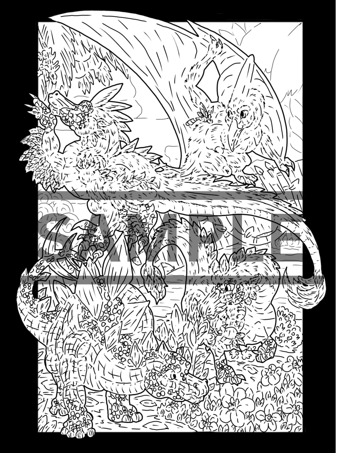 4 Dinosaur group Prints DIGITAL DOWNLOAD Line Art Version