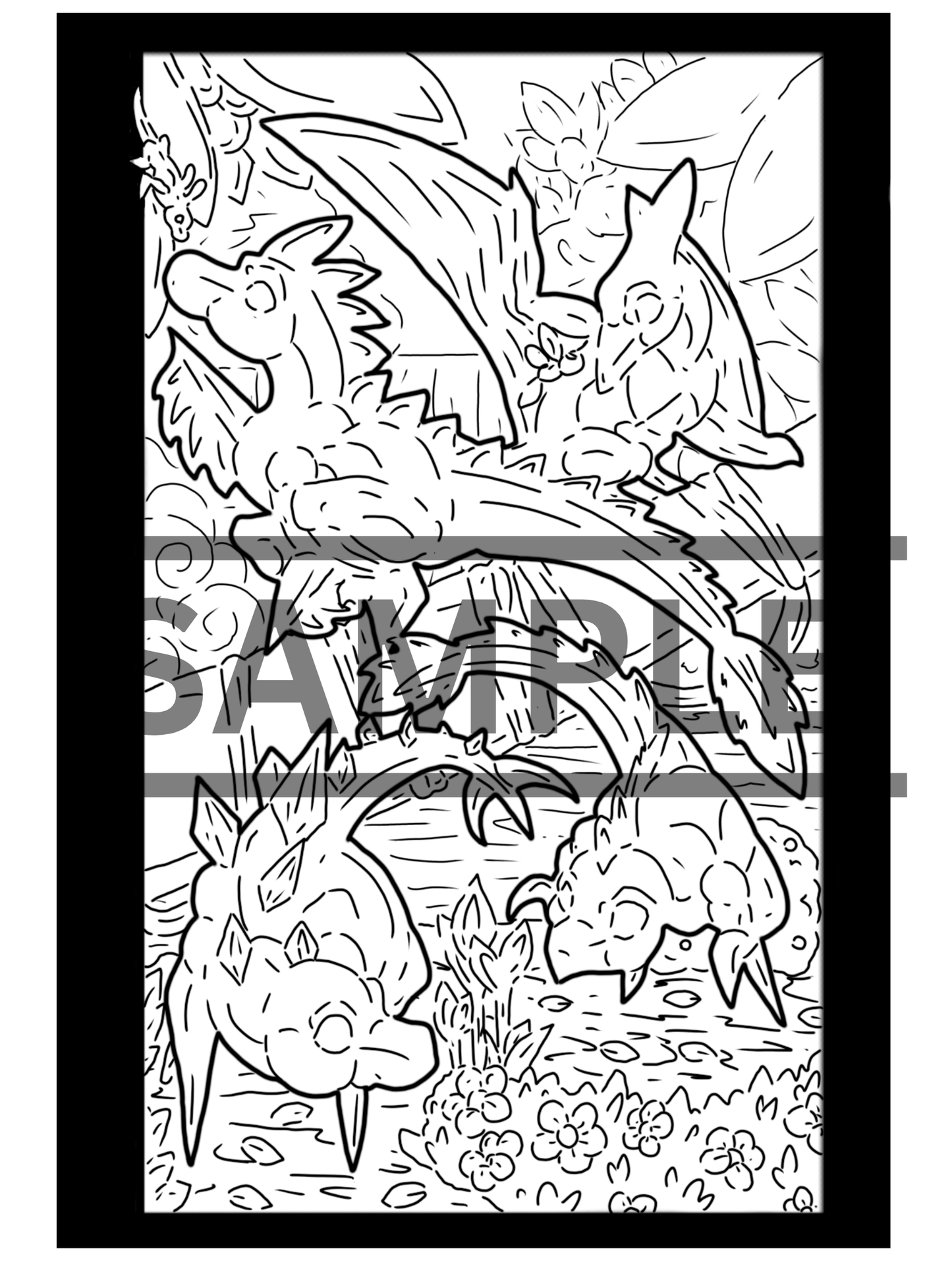 4 Dinosaur group Prints DIGITAL DOWNLOAD Line Art Version