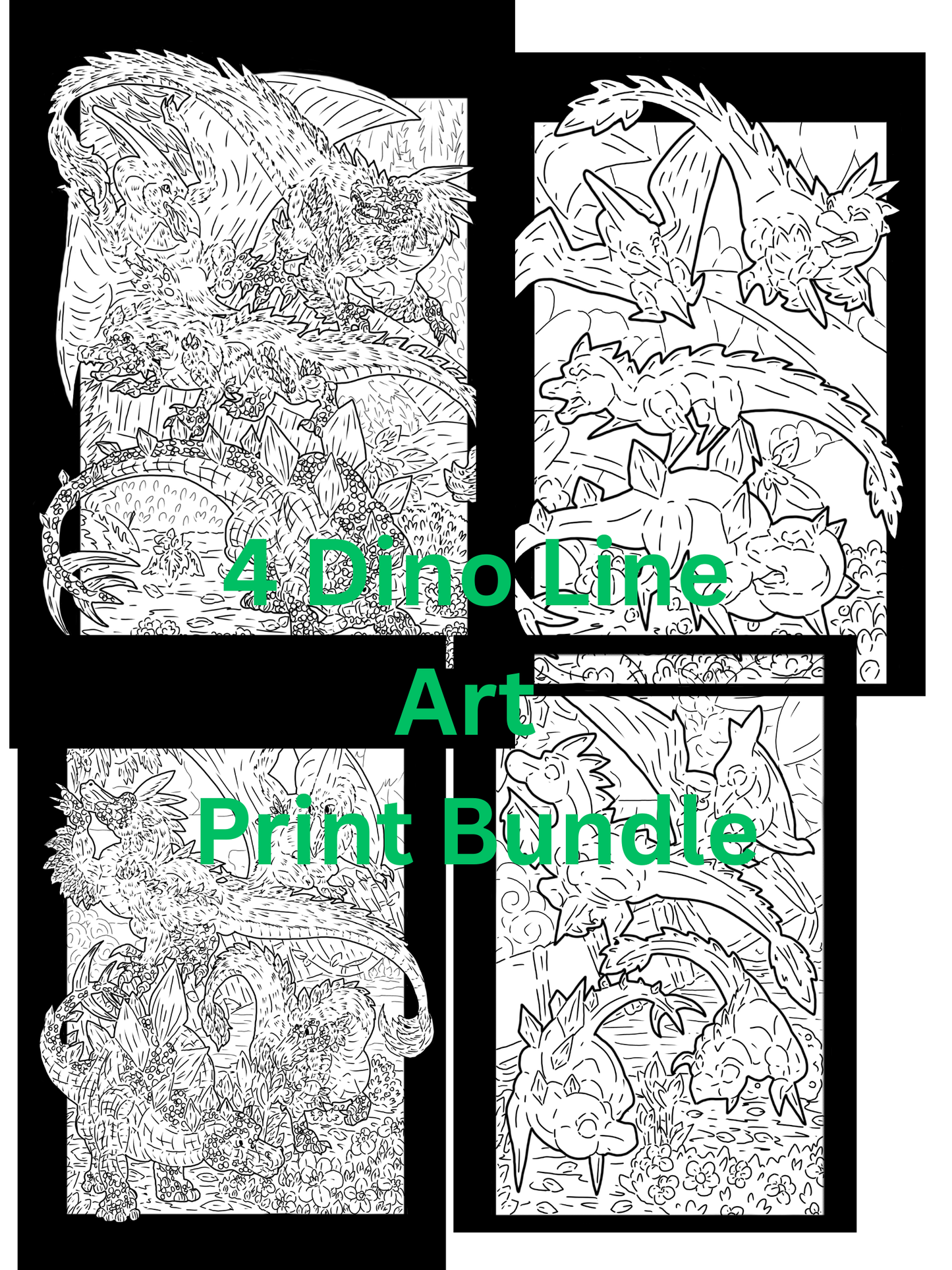 4 Dinosaur group Prints DIGITAL DOWNLOAD Line Art Version