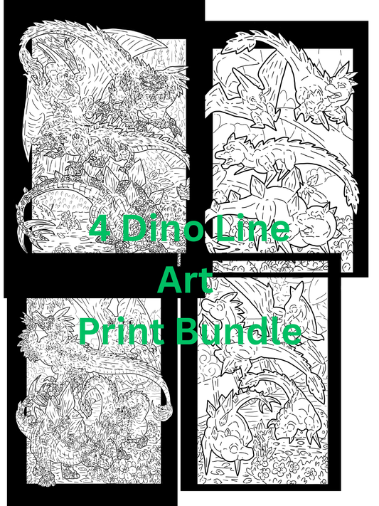 4 Dinosaur group Prints DIGITAL DOWNLOAD Line Art Version
